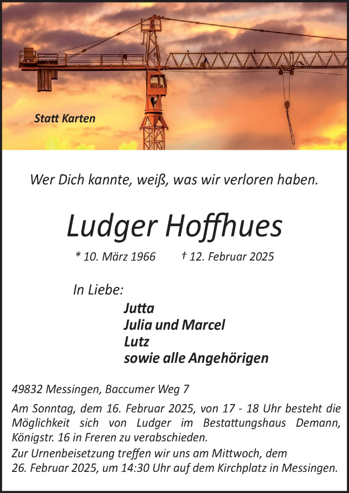  Traueranzeige für Ludger Hoffhues vom 15.02.2025 aus Neue Osnabrücker Zeitung GmbH & Co. KG