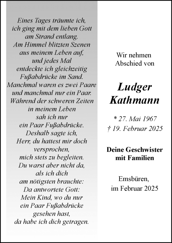 Traueranzeige von Ludger Kathmann von Neue Osnabrücker Zeitung GmbH & Co. KG