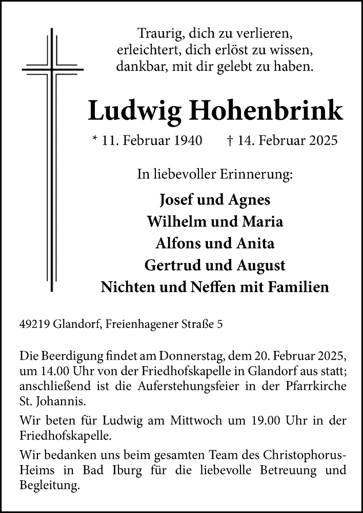  Traueranzeige für Ludwig Hohenbrink vom 18.02.2025 aus Neue Osnabrücker Zeitung GmbH & Co. KG
