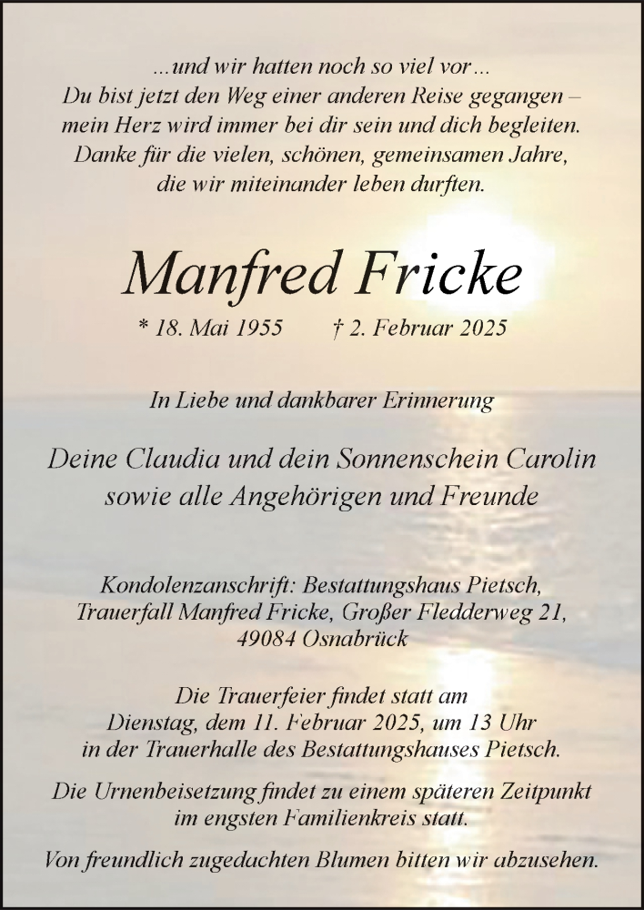  Traueranzeige für Manfred Fricke vom 08.02.2025 aus Neue Osnabrücker Zeitung GmbH & Co. KG
