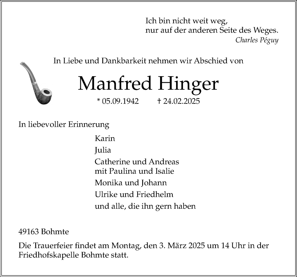  Traueranzeige für Manfred Hinger vom 26.02.2025 aus Neue Osnabrücker Zeitung GmbH & Co. KG
