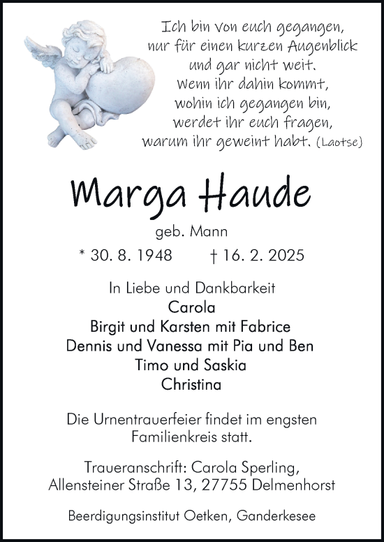 Traueranzeige von Marga Haunde von DK Medien GmbH & Co. KG