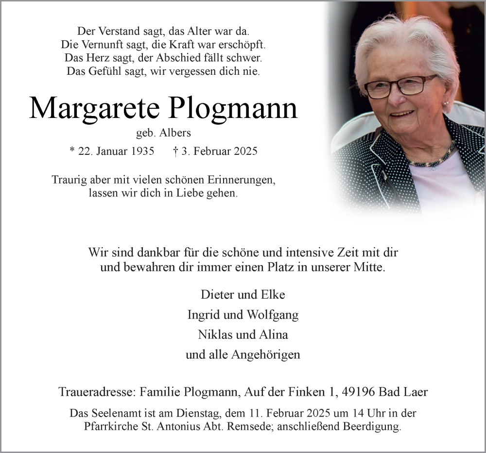  Traueranzeige für Margarete Plogmann vom 08.02.2025 aus Neue Osnabrücker Zeitung GmbH & Co. KG