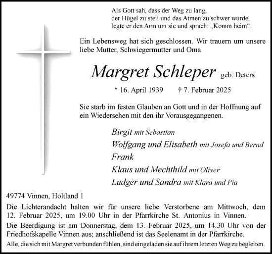 Traueranzeige von Margret Schleper von Neue Osnabrücker Zeitung GmbH & Co. KG