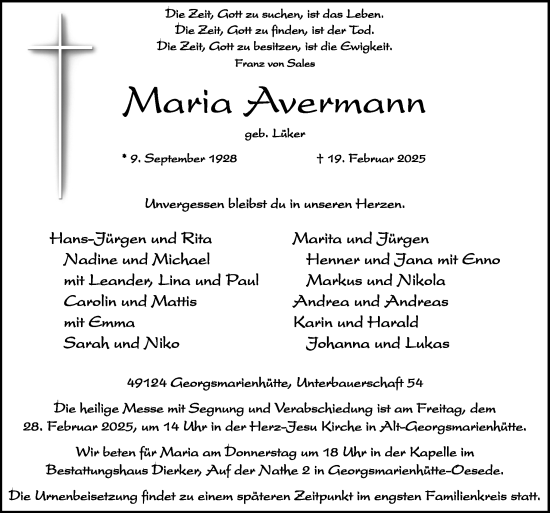 Traueranzeige von Maria Avermann von Neue Osnabrücker Zeitung GmbH & Co. KG