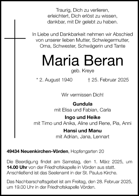 Traueranzeige von Maria Beran von Neue Osnabrücker Zeitung GmbH & Co. KG