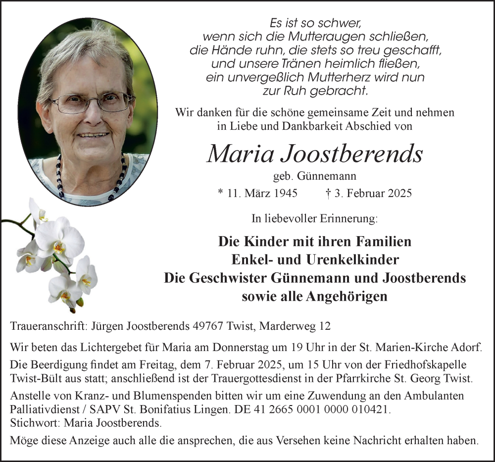  Traueranzeige für Maria Joostberends vom 05.02.2025 aus Neue Osnabrücker Zeitung GmbH & Co. KG