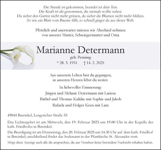 Traueranzeige von Marianne Determann von Neue Osnabrücker Zeitung GmbH & Co. KG