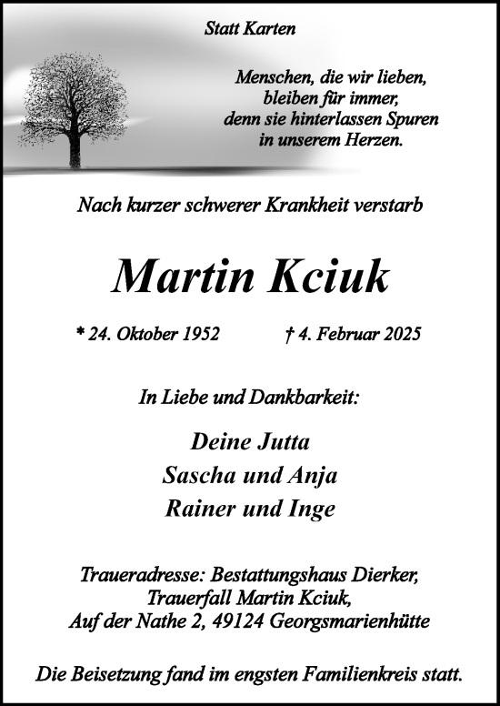 Traueranzeige von Martin Kciuk von Neue Osnabrücker Zeitung GmbH & Co. KG