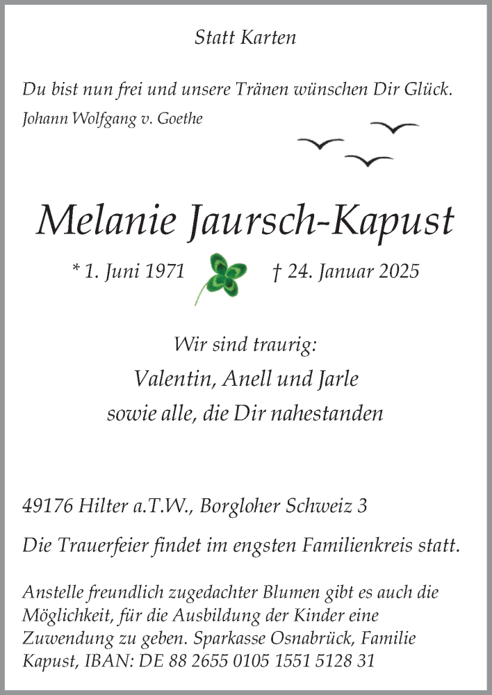  Traueranzeige für Melanie Jaursch-Kapust vom 01.02.2025 aus Neue Osnabrücker Zeitung GmbH & Co. KG
