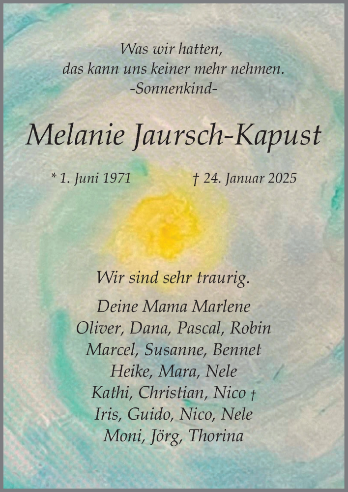  Traueranzeige für Melanie Jaursch-Kapust vom 01.02.2025 aus Neue Osnabrücker Zeitung GmbH & Co. KG