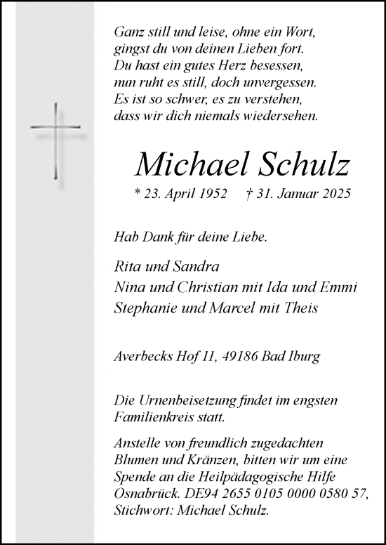 Traueranzeige von Michael Schulz von Neue Osnabrücker Zeitung GmbH & Co. KG