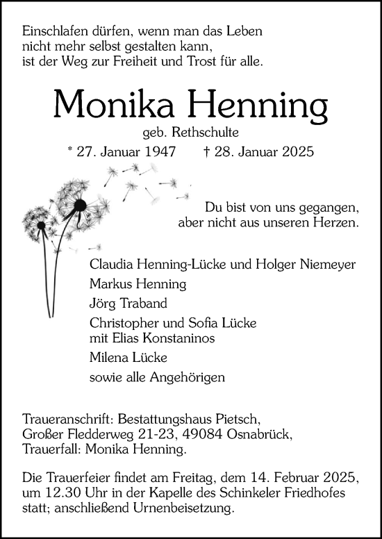 Traueranzeige von Monika Henning von Neue Osnabrücker Zeitung GmbH & Co. KG
