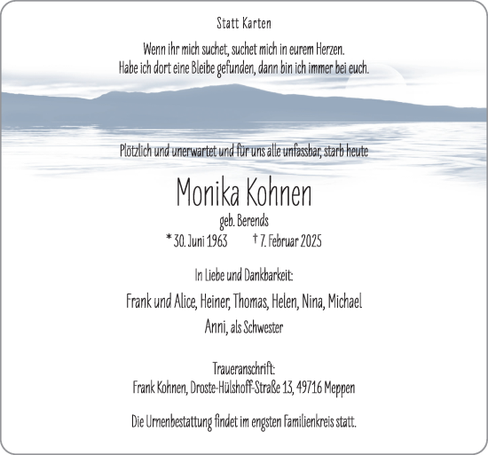 Traueranzeige von Monika Kohnen von Neue Osnabrücker Zeitung GmbH & Co. KG
