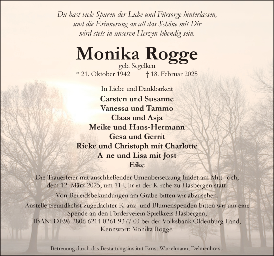Traueranzeige von Monika Rogge von DK Medien GmbH & Co. KG