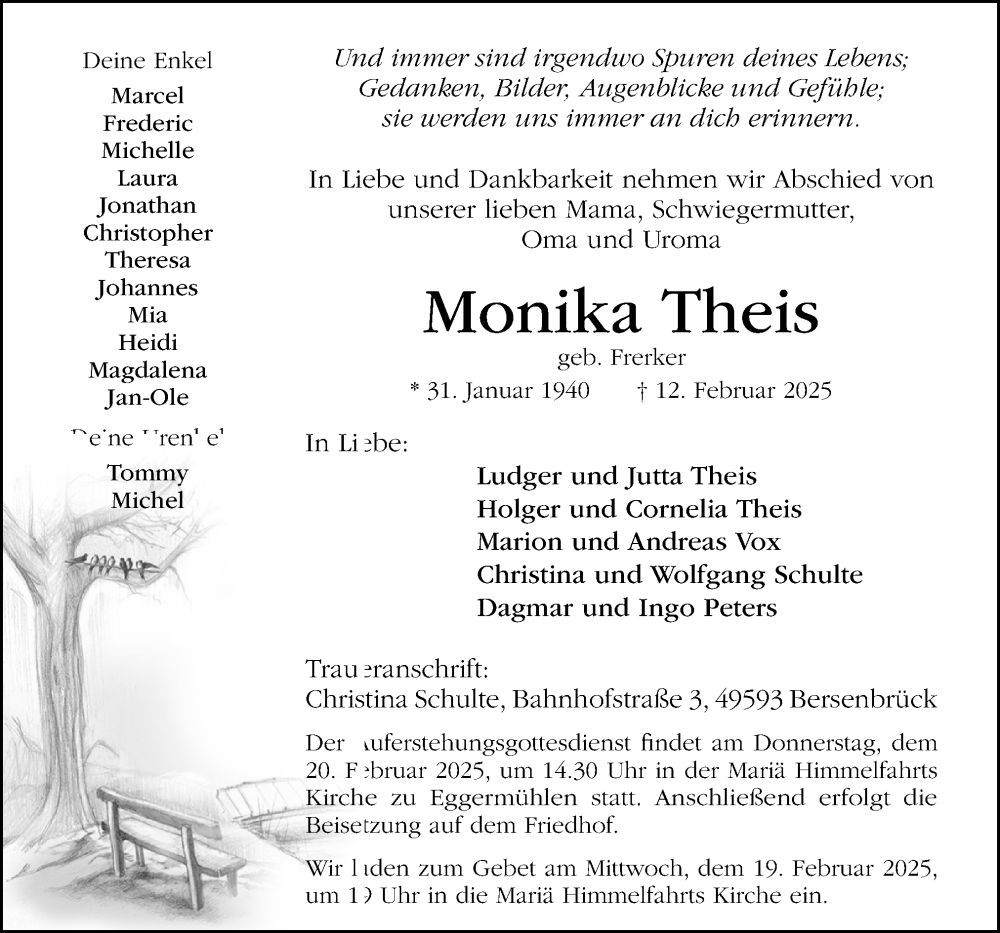  Traueranzeige für Monika Theis vom 15.02.2025 aus Neue Osnabrücker Zeitung GmbH & Co. KG