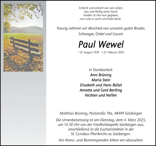 Traueranzeige von Paul Wewel von Neue Osnabrücker Zeitung GmbH & Co. KG