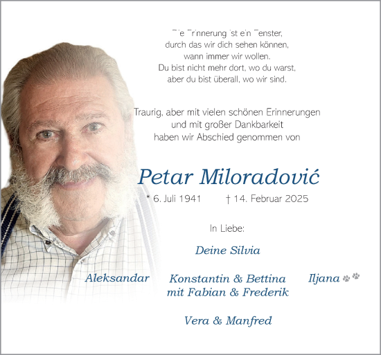 Traueranzeige von Petar Miloradovic von Neue Osnabrücker Zeitung GmbH & Co. KG
