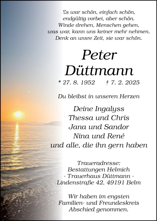 Traueranzeige von Peter Düttmann von Neue Osnabrücker Zeitung GmbH & Co. KG