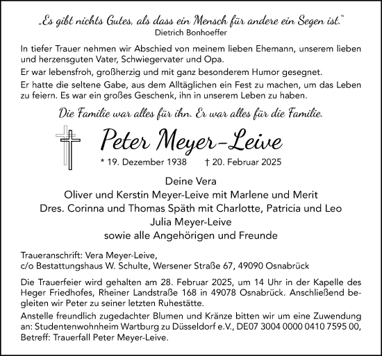 Traueranzeige von Peter Meyer-Leive von Neue Osnabrücker Zeitung GmbH & Co. KG