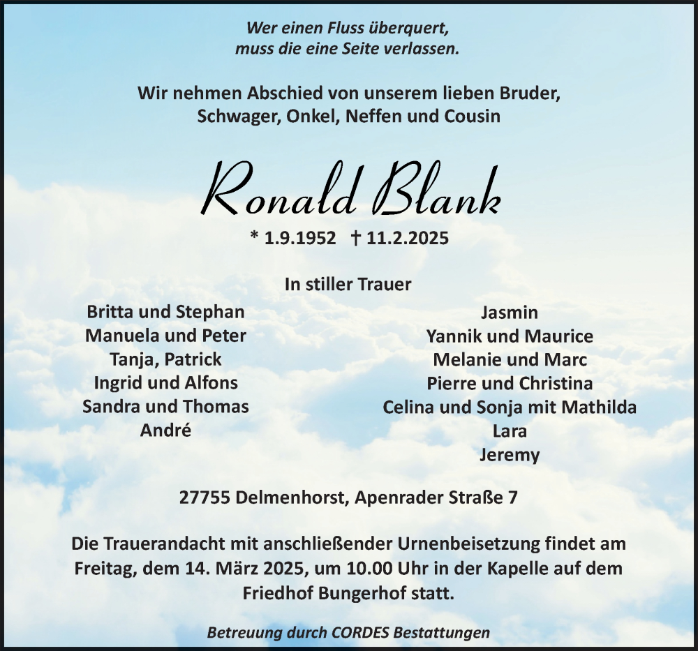  Traueranzeige für Ronald Blank vom 22.02.2025 aus DK Medien GmbH & Co. KG