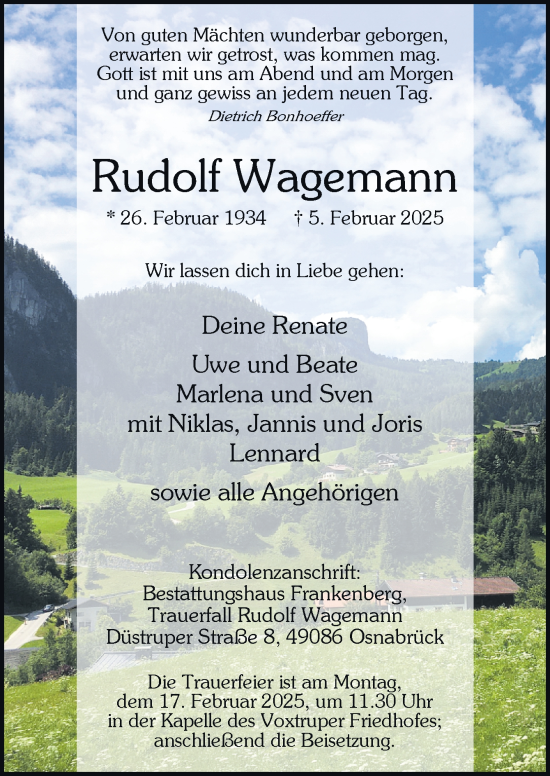 Traueranzeige von Rudolf Wagemann von Neue Osnabrücker Zeitung GmbH & Co. KG