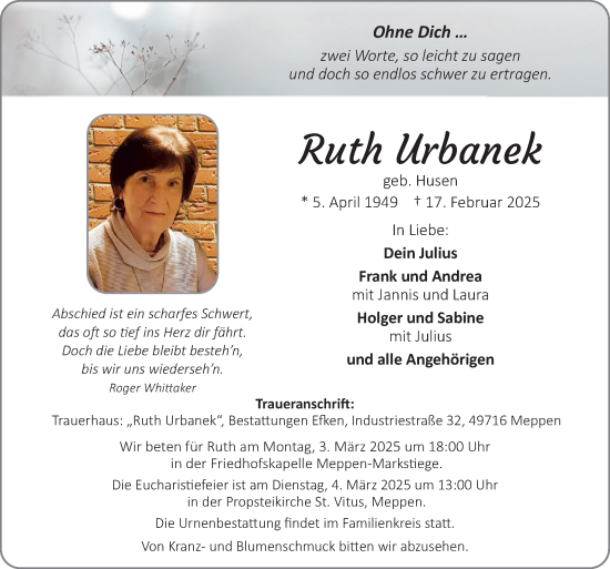 Traueranzeige von Ruth Urbanek von Neue Osnabrücker Zeitung GmbH & Co. KG