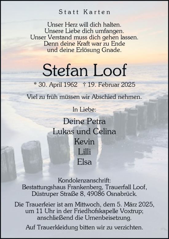 Traueranzeige von Stefan Loof von Neue Osnabrücker Zeitung GmbH & Co. KG