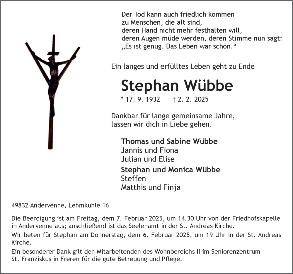  Traueranzeige für Stephan Wübbe vom 04.02.2025 aus Neue Osnabrücker Zeitung GmbH & Co. KG