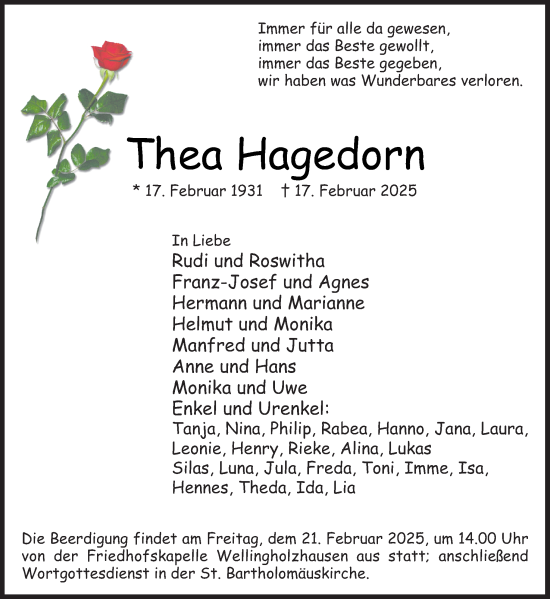 Traueranzeige von Thea Hagedorn von Neue Osnabrücker Zeitung GmbH & Co. KG