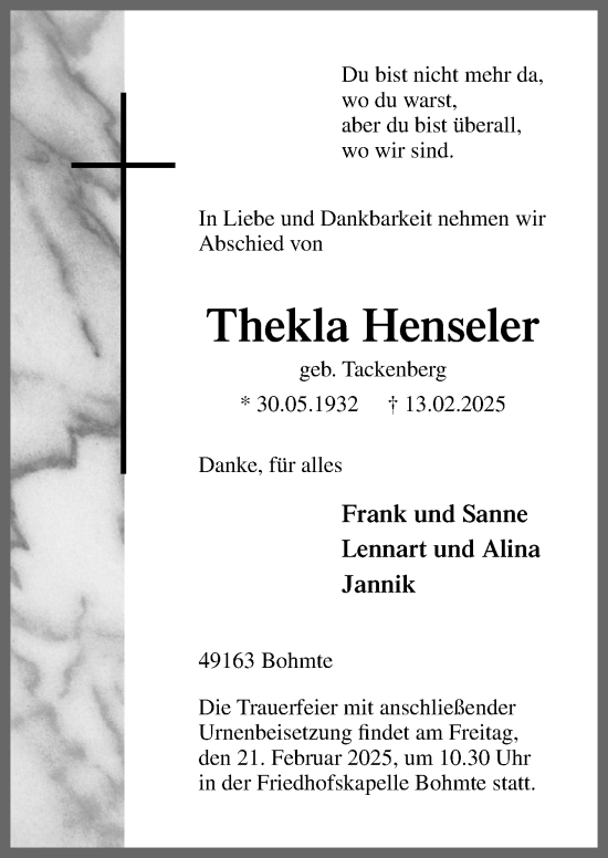 Traueranzeige von Thekla Henseler von Neue Osnabrücker Zeitung GmbH & Co. KG