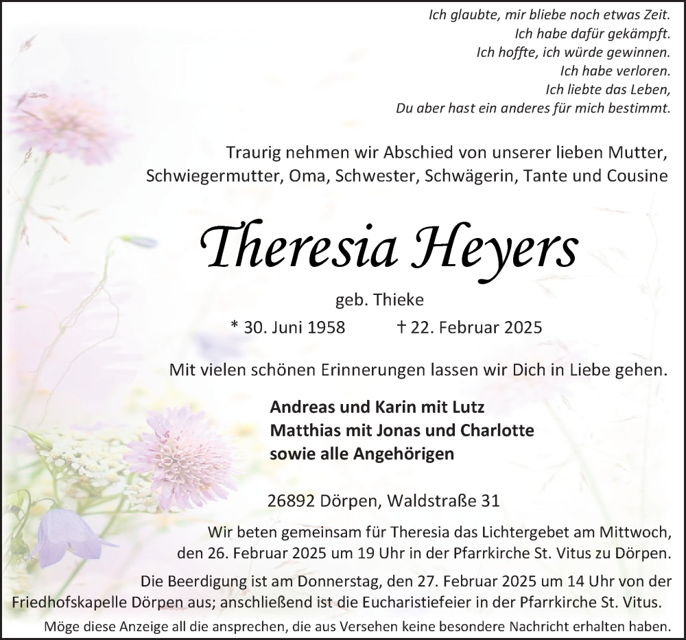  Traueranzeige für Theresia Heyers vom 24.02.2025 aus Neue Osnabrücker Zeitung GmbH & Co. KG