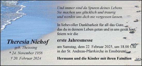 Traueranzeige von Theresia Niehof von Neue Osnabrücker Zeitung GmbH & Co. KG
