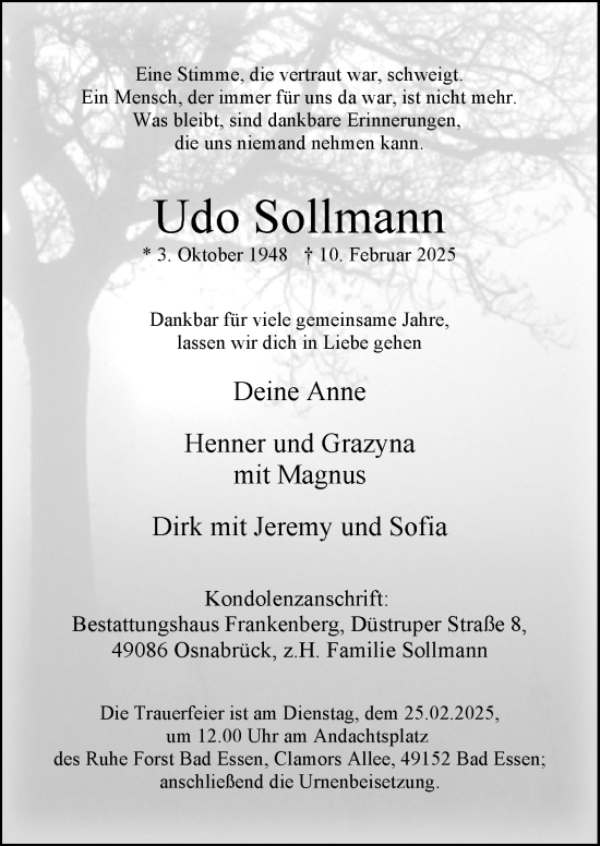 Traueranzeige von Udo Sollmann von Neue Osnabrücker Zeitung GmbH & Co. KG