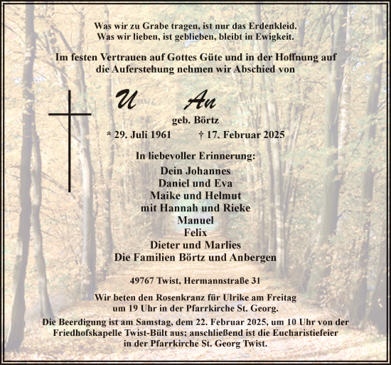 Traueranzeige von Ulrike Anbergen von Neue Osnabrücker Zeitung GmbH & Co. KG