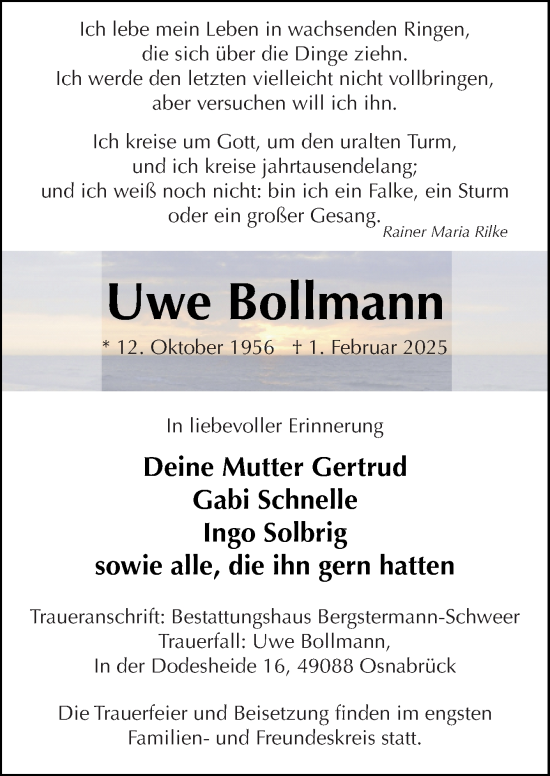 Traueranzeige von Uwe Bollmann von Neue Osnabrücker Zeitung GmbH & Co. KG