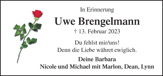 Traueranzeige von Uwe Brengelmann von Neue Osnabrücker Zeitung GmbH & Co. KG