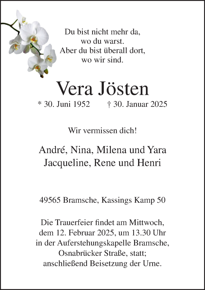  Traueranzeige für Vera Jösten vom 08.02.2025 aus Neue Osnabrücker Zeitung GmbH & Co. KG