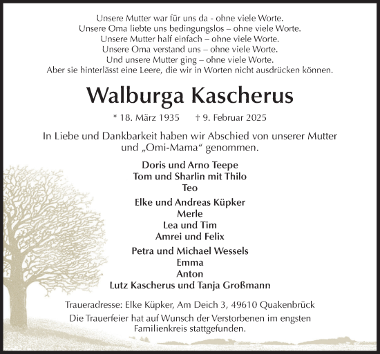 Traueranzeige von Walburga Kascherus von Neue Osnabrücker Zeitung GmbH & Co. KG