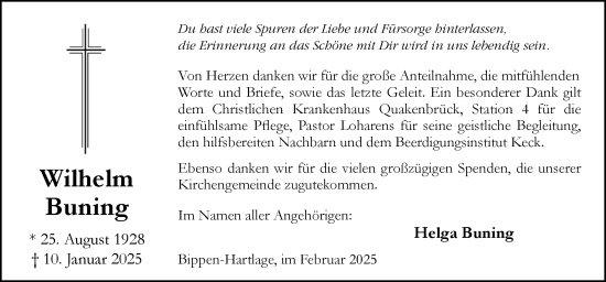 Traueranzeige von Wilhelm Buning von Neue Osnabrücker Zeitung GmbH & Co. KG