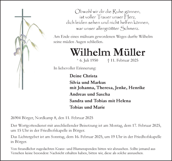 Traueranzeige von Wilhelm Müller von Neue Osnabrücker Zeitung GmbH & Co. KG
