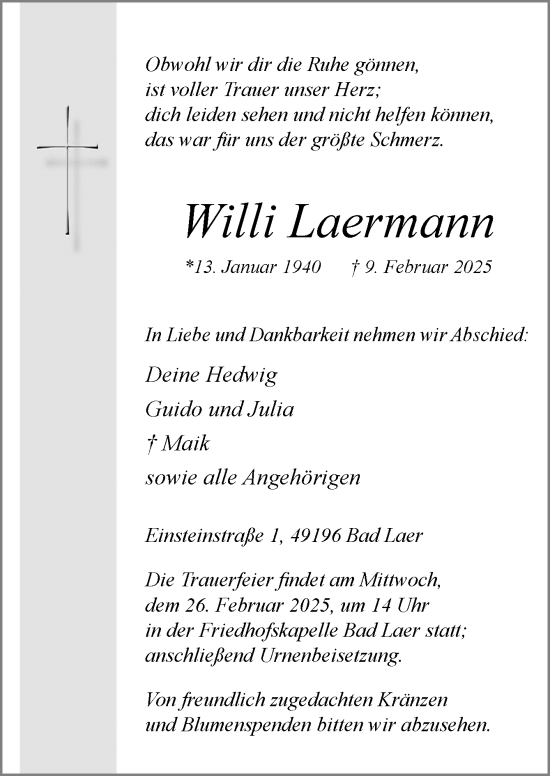 Traueranzeige von Willi Laermann von Neue Osnabrücker Zeitung GmbH & Co. KG
