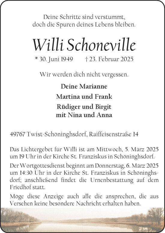 Traueranzeige von Willi Schoneville von Neue Osnabrücker Zeitung GmbH & Co. KG