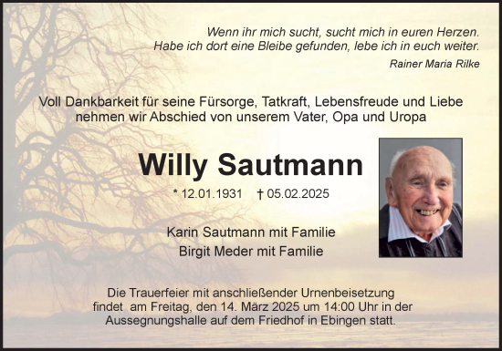 Traueranzeige von Willy Sautmann von Neue Osnabrücker Zeitung GmbH & Co. KG