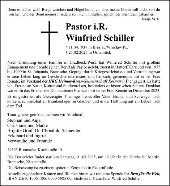 Traueranzeige von Winfried Schiller von Neue Osnabrücker Zeitung GmbH & Co. KG