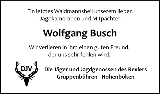 Traueranzeige von Wolfgang Busch von DK Medien GmbH & Co. KG