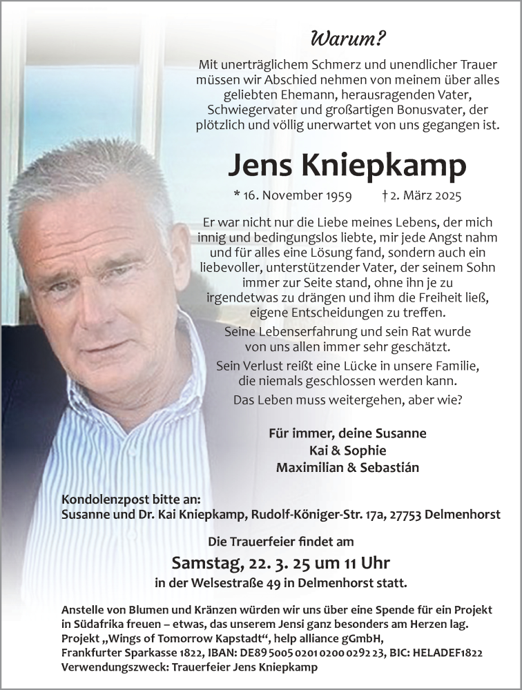  Traueranzeige für Jens Kniepkamp vom 08.03.2025 aus DK Medien GmbH & Co. KG