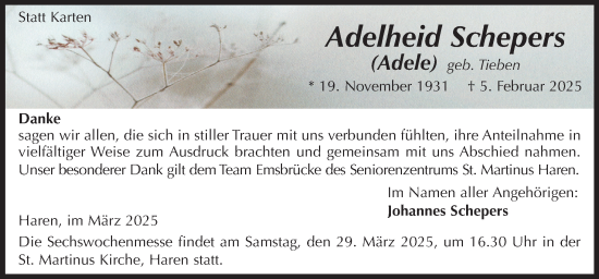 Traueranzeige von Adelheid Schepers von Neue Osnabrücker Zeitung GmbH & Co. KG