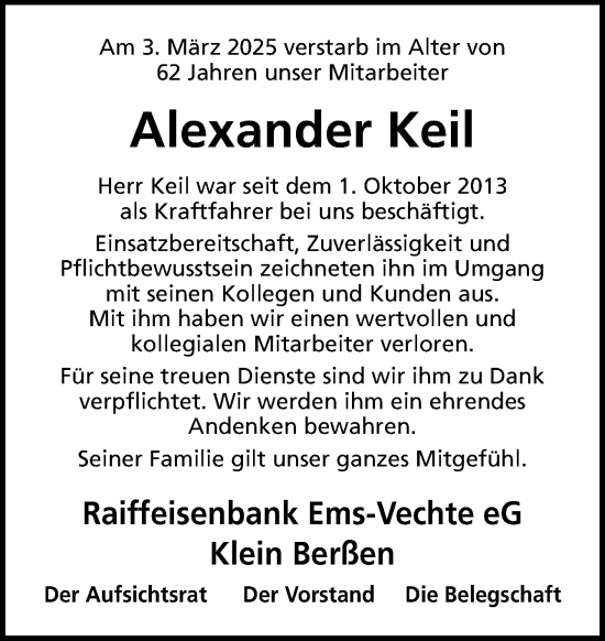 Traueranzeige von Alexander Keil von Neue Osnabrücker Zeitung GmbH & Co. KG