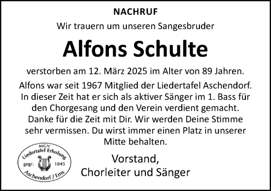 Traueranzeige von Alfons Schulte von Neue Osnabrücker Zeitung GmbH & Co. KG
